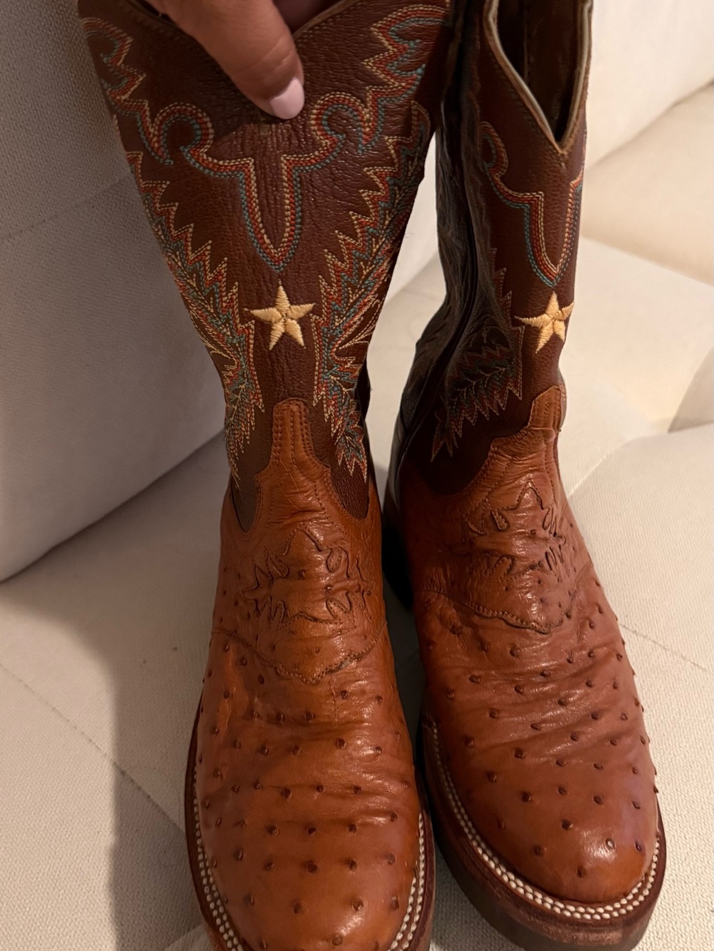 Lucchese Tan & Brown Ostrich-Textured Western Cowboy Boots
